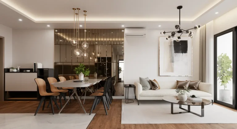 Open‑concept dining and living area with a white sofa, abstract art, round coffee table, and a long dining table with tan chairs under pendant lights.