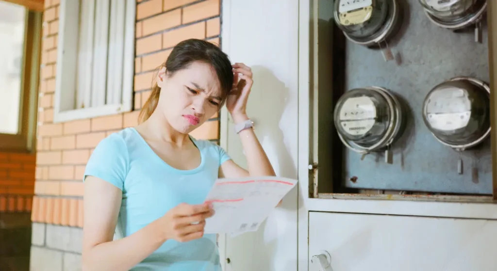 Young woman stands outside a brick building, squinting at a document she’s reading near a utility meter panel on the wall