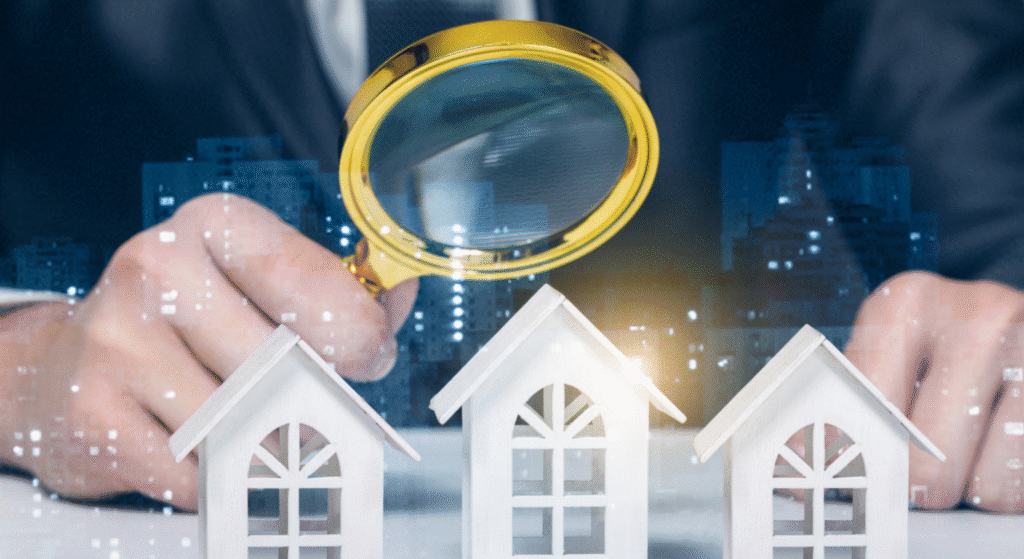Person uses a yellow magnifying glass to examine three white miniature houses on a table, with a city backdrop in view, symbolizing property inspection.