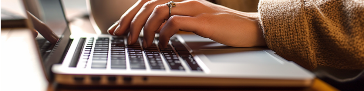 Close-up of hands typing on a silver laptop keyboard, wearing a ring and a brown sweater sleeve visible.