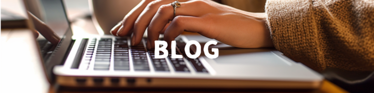 Hands typing on a laptop keyboard with the word BLOG overlaid, signaling blogging activity.