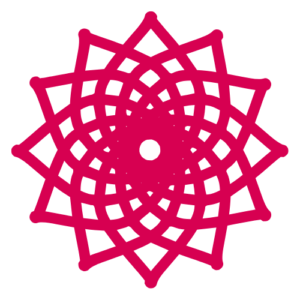 Decorative pink mandala-style geometric pattern with interlocking rings.