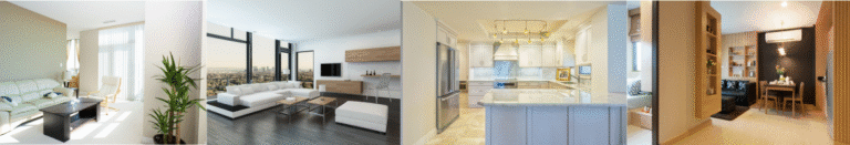 Series of four modern interior spaces: an airy living room with white furniture, a city-view living area, a bright kitchen with island, and a cozy dining nook.