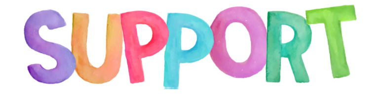 Colorful watercolor lettering spelling SUPPORT on a white background, conveying help or assistance.