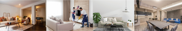 Collage of four modern home interiors: a cozy living room with an orange/gray sofa and coffee table; a second panel shows two people cleaning a living room; a bright seating area with a plant and neutral sofa; and a spacious kitchen–dining area.